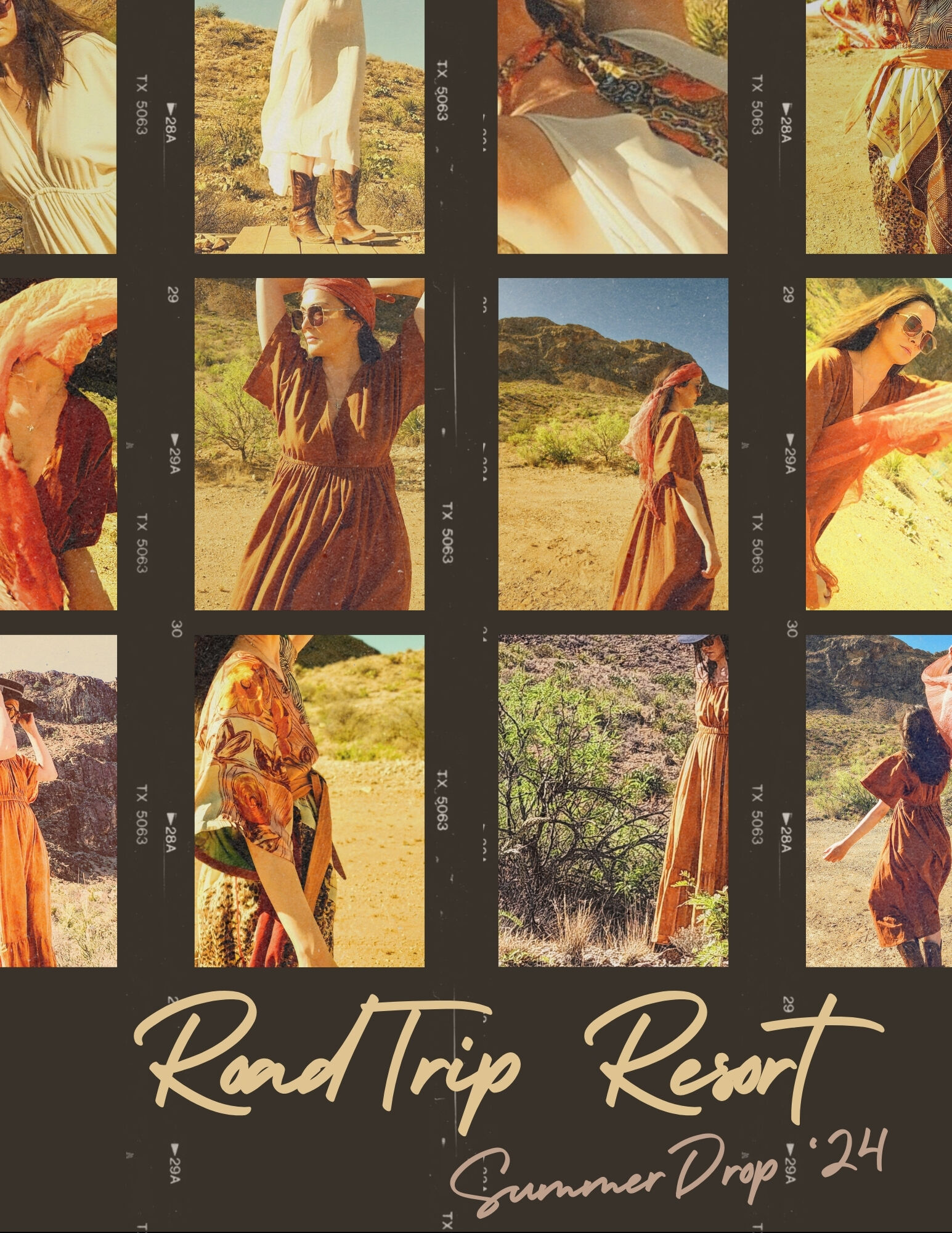 Image collage of female model in the desert.