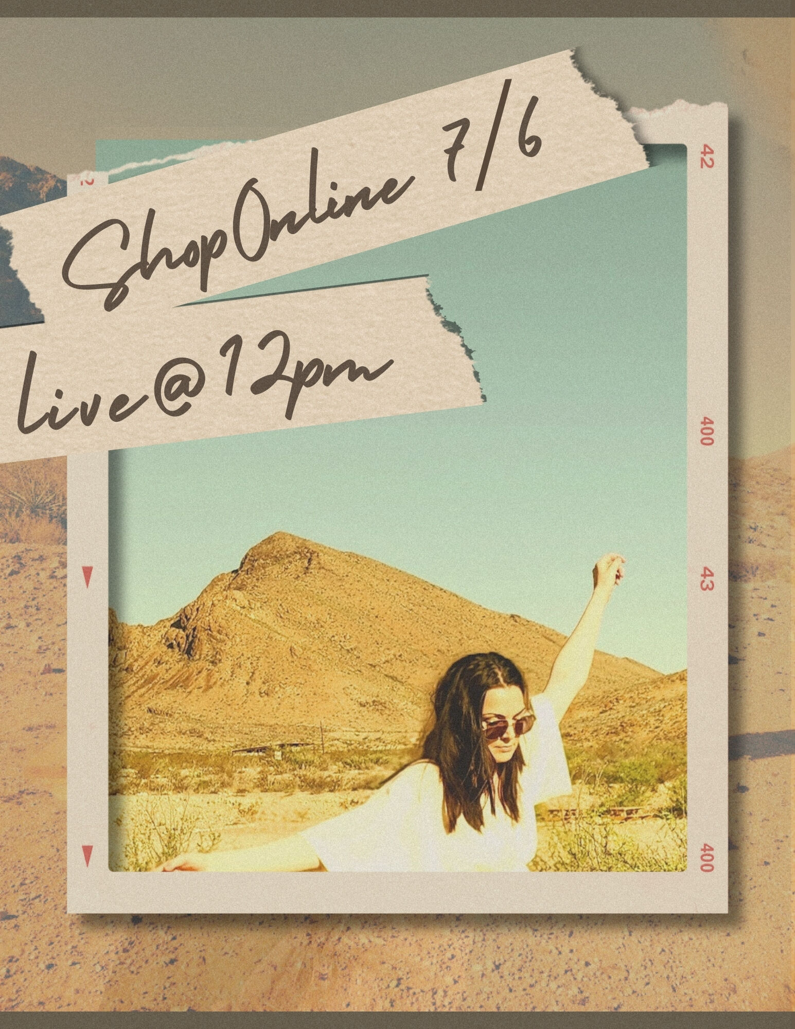 Female model in the desert promoting "shop online."